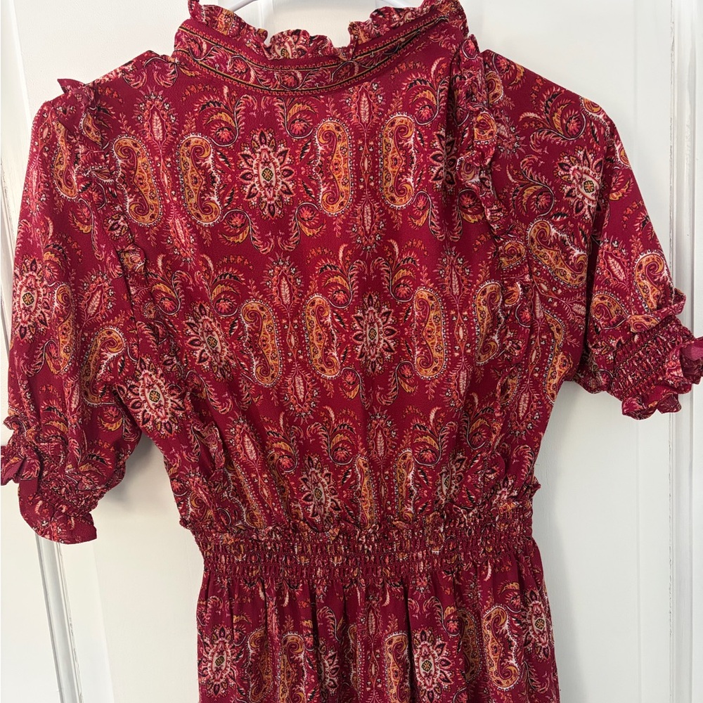 Red Paisley Maxi Dress women’s small V Neck tiered unlined ruffle smocked waist - Picture 7 of 8